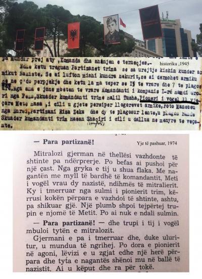 Fotoja e Met Hasës në bulevard dhe faksimile nga historiku i brigadës shkruar në vitin 1945 e libri "Yje të pashuar" i vitit 1974