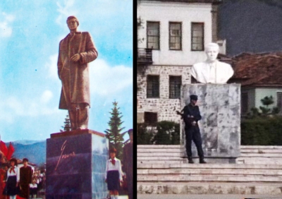 "Enveri" i Korçës. Fotoja e përurimit në vitin 1988 dhe fotoja pas rrëzimit të shtatores. Është zëvendësuar me një bust të bardhë zyrash, i cili ruhet nga një ushtar