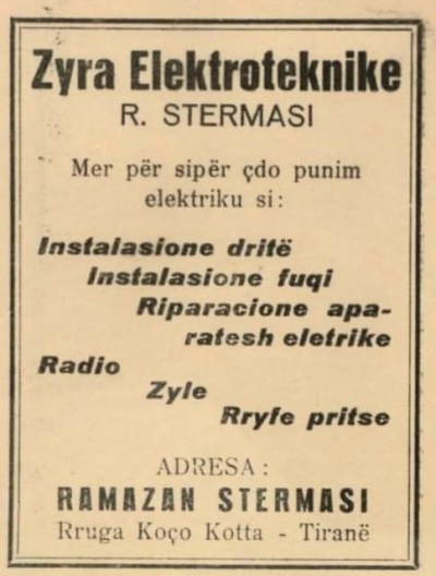 Reklamë e zyrës elektroteknike R. Stërmasi në Tiranë në vitet '30.