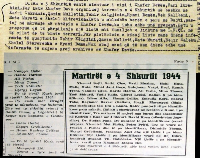 Faksimile e hetuesisë së Isuf Devës dhe gazeta "Bashkimi" e vitit 1945 me emrat e personave të ekzekutuar