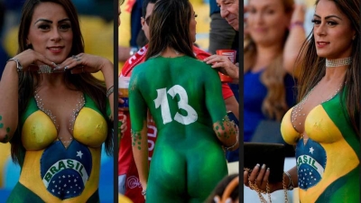 FOTO/ Tifozja "tërbon" stadiumin, nudo me ngjyrat e Brazilit