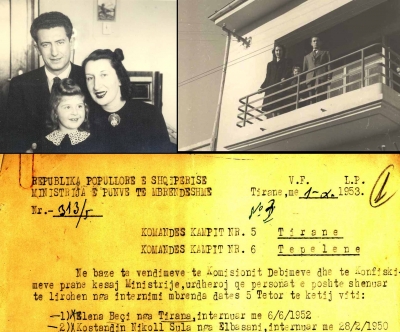 Elena, Nikolla dhe vajza e vogël në Tiranë, besohet në fillim të viteve '40. Po ashtu faksimile nga vendimi i lirimit nga internimi i vitit 1953