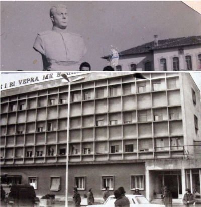 Godina e Komitetit të PPSH-së në Shkodër të nesërmen e demonstratës së 13 dhjetorit 1990, si dhe busti i Enver Hoxhës në këtë qytet. Te fotoja e komitetit spikat parulla e madhe në tarracë kushtuar “njeriut të ri”, “veprës më madhore” të regjimit komunist.