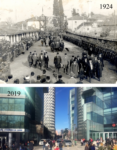 Sipër fotoja nga ceremonia e 21 janarit 1924 dhe poshtë i njëjti vend sot, ngjitur me qendrën "Toptani"