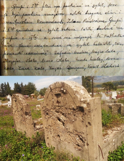 Faksimile nga letra e Haki Toskës dhe varret e Boço dhe Tare Kalos, fotografuar prej meje në vitin 2016 në Gjirokastër